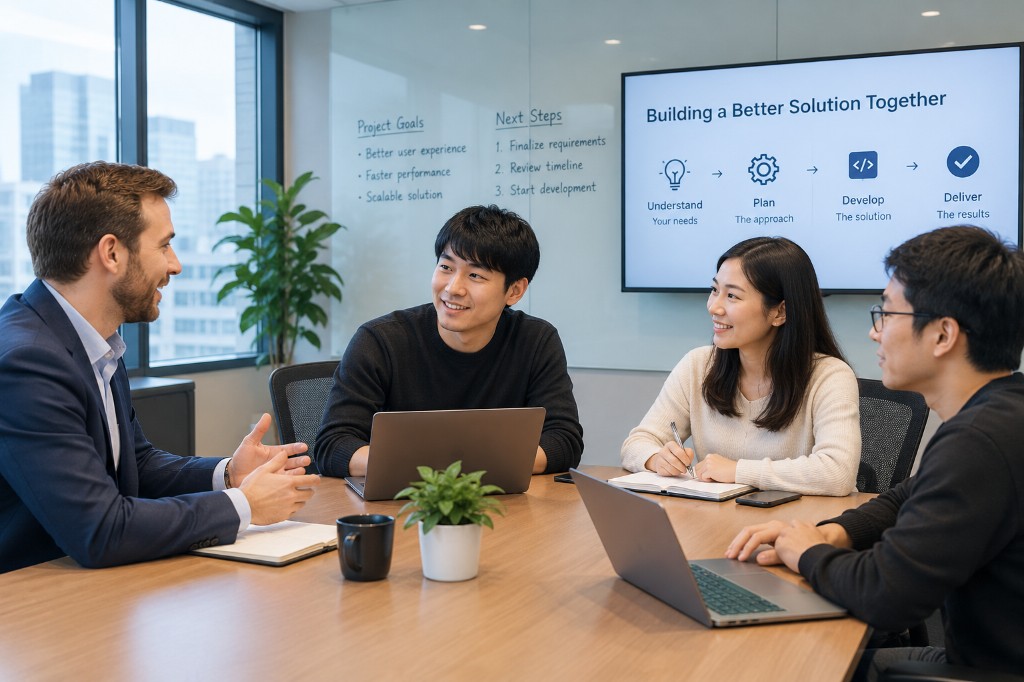 Team collaborating with a partner around a conference table in a bright office