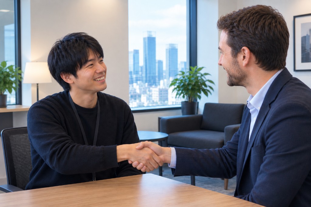 Two partners shaking hands across a desk in a bright modern office