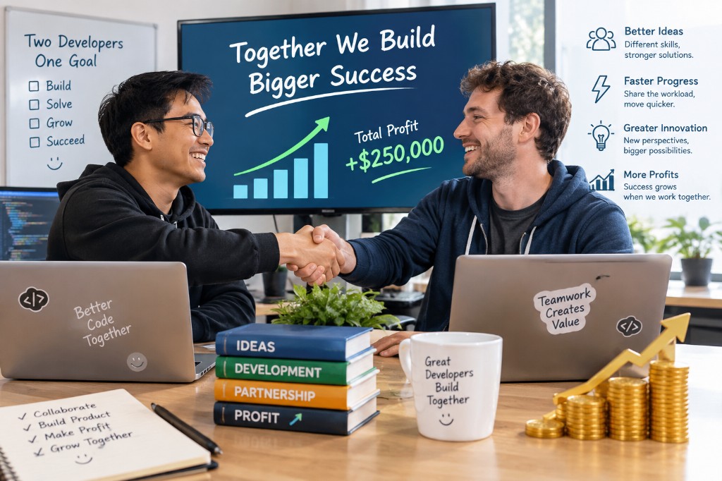 Two developers shaking hands across a desk, celebrating collaboration and shared success