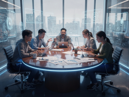 Five teammates gathered around laptops in a bright office